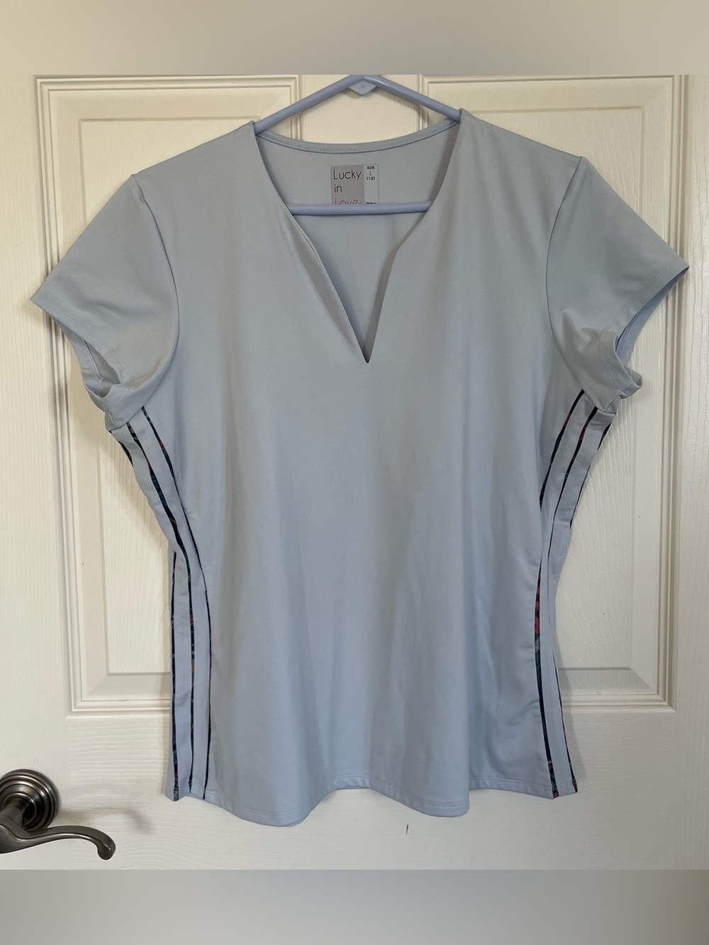 Lucky In Love Short Sleeve Blue V Neck Top size L